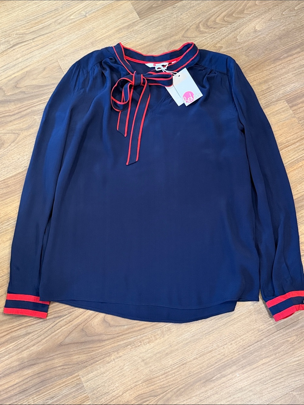 Boden Navy Tie-Neck Long Sleeve Blouse with Red Trim